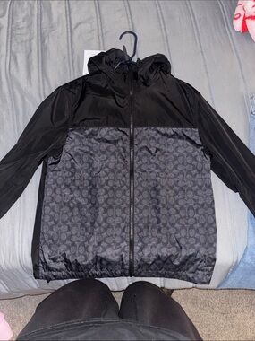 Coach Black & Charcoal Logo-Print Hooded Windbreaker